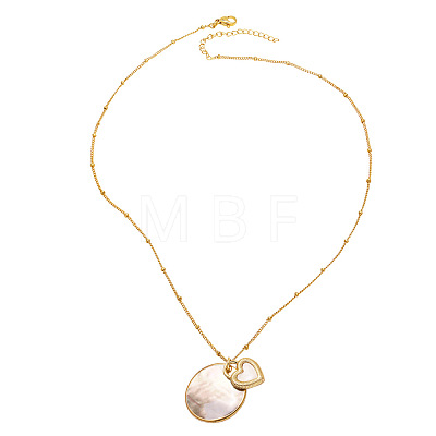 Brass & Natural Paua Shell Flat Round with Heart Pendant Necklaces for Women WG481B6-01-1