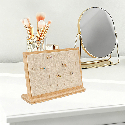 28-Slot Wooden Slant Back Jewelry Ring Organizer Display Stands with Linen Cloth Mat ODIS-WH0043-266-1