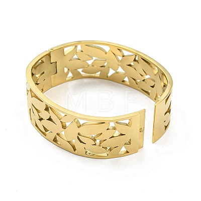304 Stainless Steel Pave Crystal Rhinestone Hollow Out Leaf Hinged Bangles for Women BJEW-D044-03B-G-1