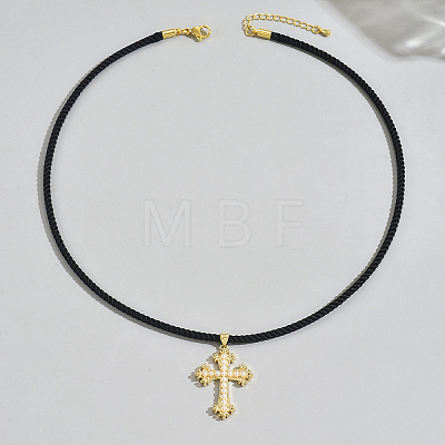Brass & Imitation Pearl Cross Pendant Black Cord Necklaces for Men LI2000-1-1