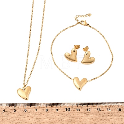 304 Stainless Steel Heart Pendant Necklaces & Bracelets & Stud Earrings Sets SJEW-P008-01G-1