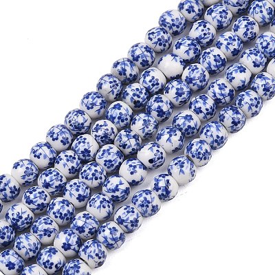 Handmade Flower Printed Porcelain Ceramic Beads Strands X-PORC-M005-6mm-10-1