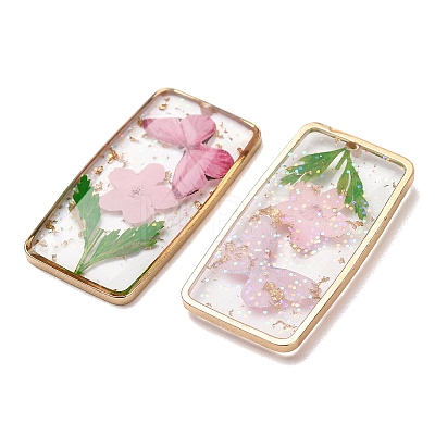 Brass & Transparent Epoxy Resin & Dried Flower Pendants RESI-G133-01G-03-1