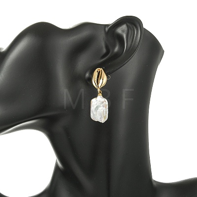 Nuggets with Shell Shape Natural Amber & Natural Cultured Freshwater Pearl Dangle Stud Earrings EJEW-JE07023-1