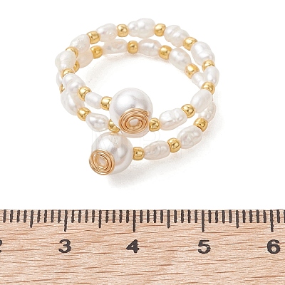 Natural Freshwater Pearl & Shell Pearl & Glass Seed Beaded Double Layers Finger Rings RJEW-JR01022-1