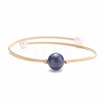 Natural Pearl & Lapis Lazuli(Dyed) Round Beaded Wrap Cuff Bangle BJEW-JB07923-02-1