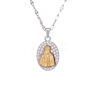 Two Tone Brass Micro Pave Clear Cubic Zirconia Religion Oval with Virgin Pendant Necklaces with 304 Stainless Steel Dapped Chains for Women WGEFA72-01-1