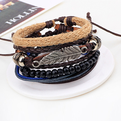 Adjustable Leaf Alloy Braided Leather Cord Wooden Beaded Multi-strand Bracelets BJEW-P0001-20-1