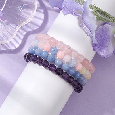 4Pcs Constellation 8mm Round Natural Amethyst & Rose Quartz & White Jade Imitation Aquamarine & White Jade Imitation Morganite Beaded Stretch Bracelets for Women BJEW-JB10633-1