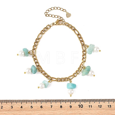 Natural Amazonite Chip and Shell Pearl Beads Tassel 304 Stainless Steel Figaro Chain Bracelets BJEW-JB14346-02-1