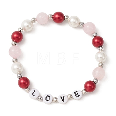 Shell Pearl & Rose Quartz & Acrylic Beaded Stretch Bracelet BJEW-TA00281-1