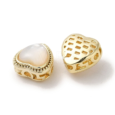 Brass Hollow Heart Beads with Natural White Shell KK-Q793-18G-1