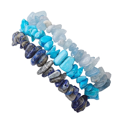 3Pcs Natural Aquamarine & Natural Lapis Lazuli & Synthetic Turquoise Chip Beaded Stretch Bracelet Sets BJEW-JB10861-1