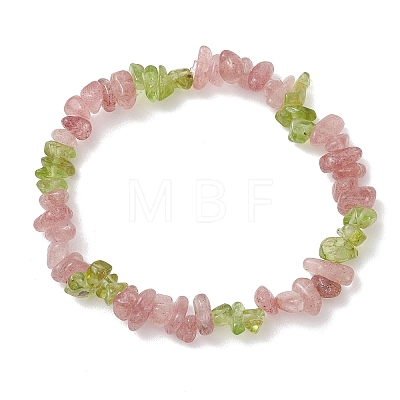 Natural Peridot & Natural Strawberry Quartz Chip Beaded Stretch Bracelets for Women BJEW-JB13278-1