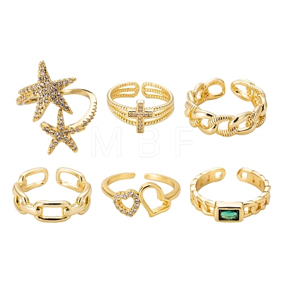 6Pcs 6 Styles Adjustable Brass Micro Pave Clear Cubic Zirconia Cuff Rings RJEW-LS0001-19G-1