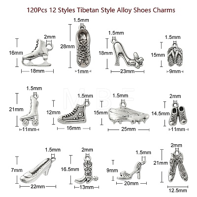 120Pcs 12 Styles Tibetan Style Alloy Shoes Charms TIBEP-CJ0002-17-1