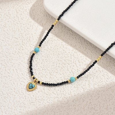 Vintage Stainless Steel Pave Synthetic Turquoise Heart Pendant Glass Faceted Round Beaded Necklaces for Women UN1640-1