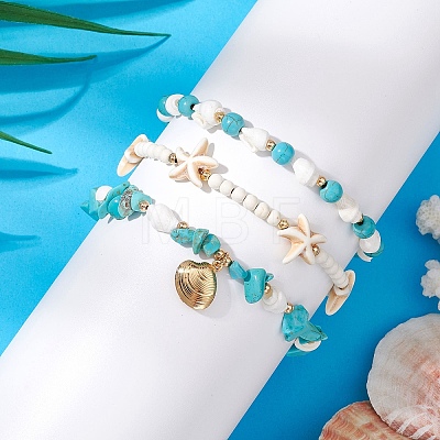 3Pcs 3 Styles Starfish Synthetic Magnesite & Turquoise Beaded Anklets AJEW-TA00030-1