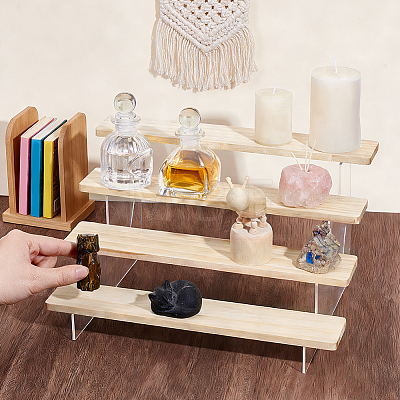 4 Layers Clear Acrylic with Wooden Tiered Bracelet Organizer Display Stands for Bangles BDIS-WH0011-08-1