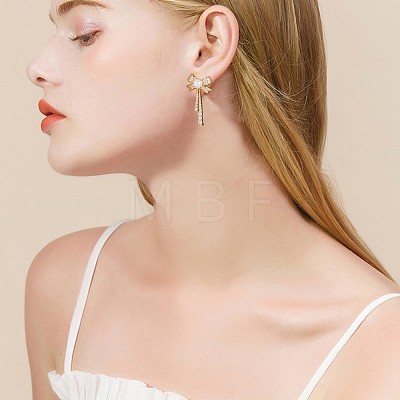 Clear Cubic Zirconia Bowknot Dangle Stud Earrings with Imitation Pearl Beaded JE1094A-1