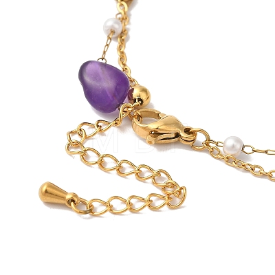 Nuggets Natural Amethyst & Imitation Pearl Multi-Strand Anklets BJEW-P326-02B-G-1