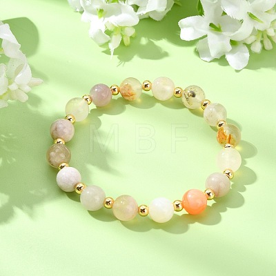 Natural Cherry Blossom Agate & Brass Beads Stretch Bracelets for Women BJEW-JB13831-1