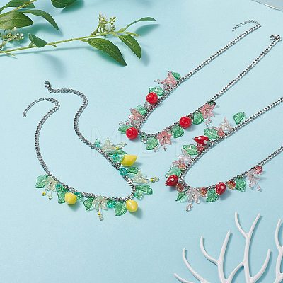 3Pcs 3 Style Strawberry & Cherry & Lemon & Leaf Resin & Glass Pendant Necklaces Set NJEW-TA00069-1