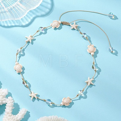 Ocean Starfish Turtle Synthetic Turquoise & Round Moonstone Beaded Adjustable Waxed Nylon Cord Necklaces for Women NJEW-TA00234-1