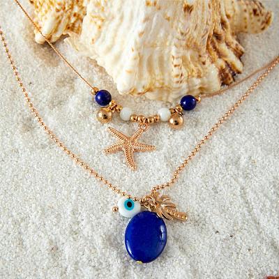 Alloy Starfish Coconut Tree & Oval Resin Pendant Double Layer Necklaces FS-WGC9AA5-01-1