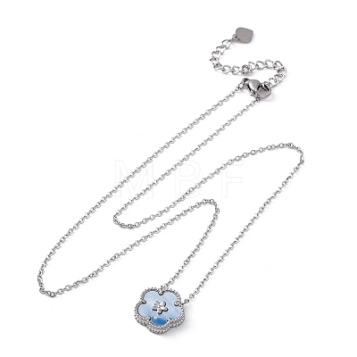 304 Stainless Steel Pave Natural Cornflower Blue Shell Flower Pendant Necklaces for Women NJEW-U032-16P-02-1