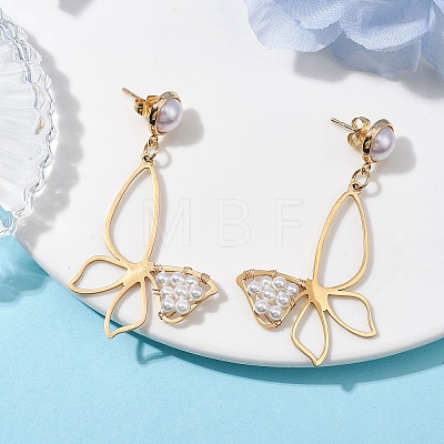 Butterfly Shell Pearl Dangle Stud Earrings EJEW-TA00356-1