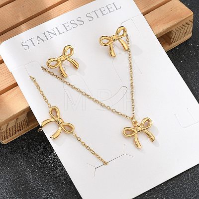 Bowknot 304 Stainless Steel 
Stud Earrings & Necklaces & Bracelets Sets SJEW-Q001-02G-1