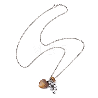 Natural Tiger Eye with Synthetic Non-magnetic Hematite Beads Cluster Pendant 304 Stainless Steel Rolo Chain Necklaces NJEW-JN05896-1