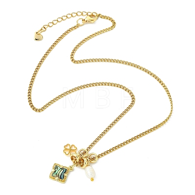 Brass Natural Paua Shell & Pearl Pendant 304 Stainless Steel Curb Chain Necklaces for Women NJEW-JN06258-03-1