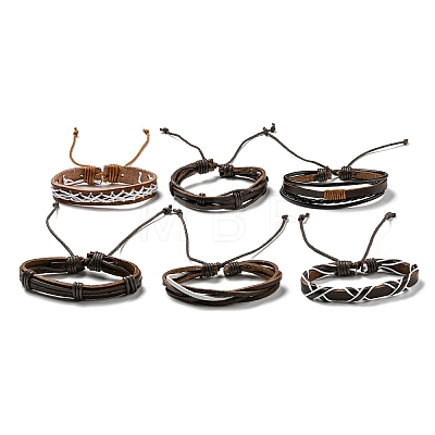 6Pcs 6 Style Adjustable Braided Imitation Leather Cord Bracelet Set with Waxed Cord for Men BJEW-F458-05-1