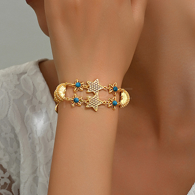 Fashionable Star & Bowknot Real 18K Gold Plated Alloy Synthetic Turquoise Link Bracelets for Women UO3899-1