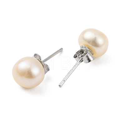 Natural Pearl Round Bead Stud Earrings EJEW-E298-01C-02P-1