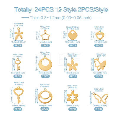 Fashewelry 24Pcs 12 Style Stainless Steel Charms STAS-FW0001-30-1
