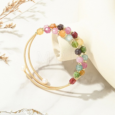 Cube Natural Tourmaline & Freshwater Pearl Beaded Copper French Wire Wrap Cuff Bangles BJEW-JB13984-01-1