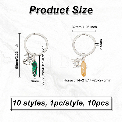 10Pcs 10 Style Bullet Gemstone Pendant Keychain KEYC-AB00005-1