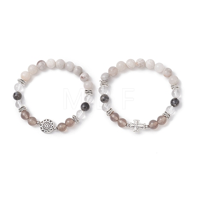 2Pcs Round Natural Quartz Crystal & Grey Agate & Larvikite & White Crazy Lace Agate Beads Stretch Bracelets BJEW-JB13000-1