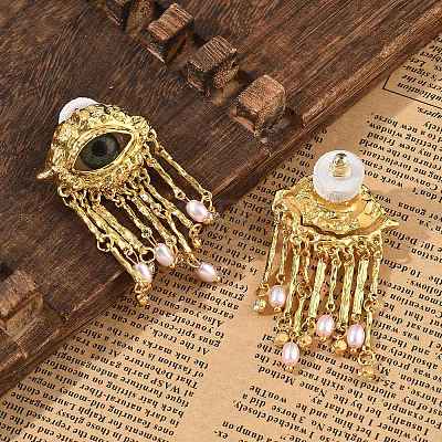 Alloy Rhinestone & Plastic Imitation Pearl Tassel Stud Earrings EJEW-A122-01G-1