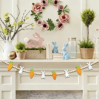 2Pcs Felt Rabbit Carrot & Wood Beads Hanging Banners DIY-WR0005-47-1