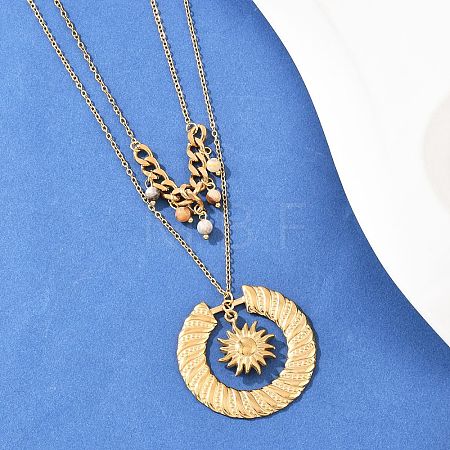 304 Stainless Steel Sun and Round Natural Crazy Agate Pendant Double Layer for Women NJEW-K252-13G-1
