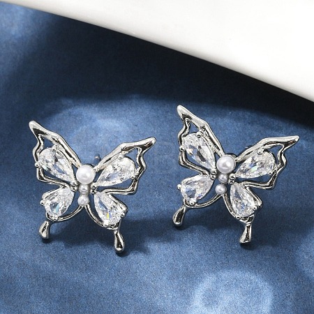 Butterfly Brass Micro Pave Cubic Zirconia Stud Earrings EJEW-M082-17P-02-1