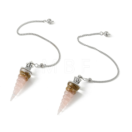 Resin Dowsing Pendulum Pendants with Natural Rose Quartz Chips inside and Iron Chain & Alloy Caps GG-CBAEAD2-01A-1