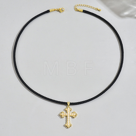 Brass & Imitation Pearl Cross Pendant Black Cord Necklaces for Men LI2000-1-1