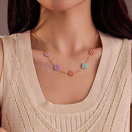 304 Stainless Seel Enamel Daisy Flower Link Chain Necklaces for Women NJEW-D303-01G-1