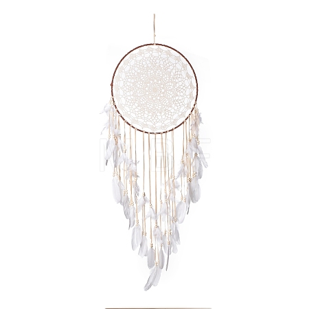 Handmade Round Cotton Woven Net/Web with Feather Wall Hanging Decoration HJEW-G015-02A-1