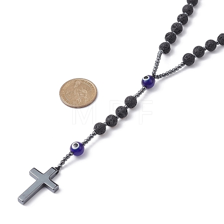 Natural Lava Rock & Synthetic Hematite Rosary Bead Necklaces NJEW-JN04460-1